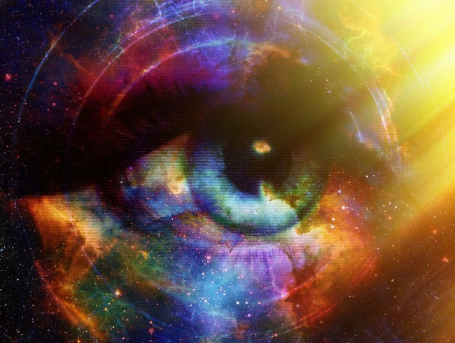 Woman Eye and cosmic space with stars and yellow light, and music speaker silhouette. abstract color background, eye contact, music concept